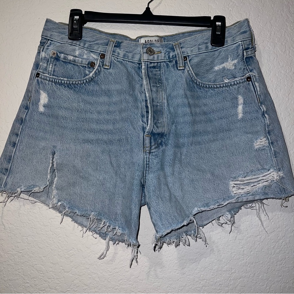 AGOLDE Parker light wash distressed denim shorts